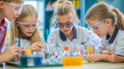 A group of students in a science lab, conducting experiments under the guidance of a teacher, representing hands-on learning in education.
