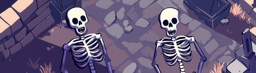 Spooky skeletons with hollow eyes in a graveyard, flat design, top view, cursed land theme, animation, Split-complementary color scheme