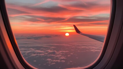 Airplane window view of a stunning sunset