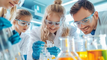 A group of students in a science lab, conducting experiments under the guidance of a teacher, representing hands-on learning in education.
