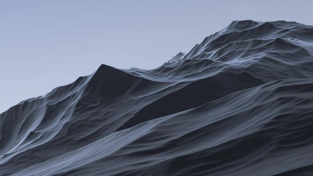 Tall, dark blue, gray majestic mountain on the horizon of the sky. Mountainous, rocky landscape rocky surface and high mountain at dusk. Mountain landscape, animation.3D render