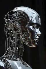 A close-up of a metallic humanoid robot head with exposed gears and wires, highlighting the intricate mechanics of artificial intelligence.