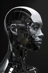 Fototapeta premium A close-up view of a robot's head, showcasing its intricate inner workings. The image offers a fascinating glimpse into the mechanical beauty of artificial intelligence.