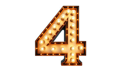 Vintage Steampunk Number '4' with Illuminated Incandescent Bulbs in Old American Road Sign Style on Transparent Background