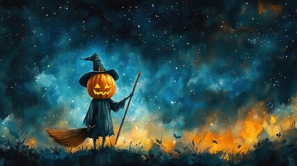 Witch with a pumpkin head, broomstick in a starry night sky, flat design, top view, spooky Halloween theme, watercolor, vivid, copy space for text