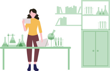 The girl stands in the science lab with the results.