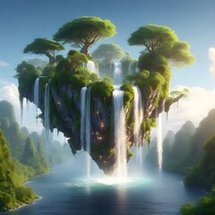 Floating Island with a Waterfall and Lush Greenery