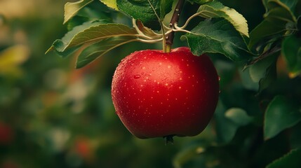 A juicy red apple hanging from a tree branch, contrasting beautifully with the surrounding lush green leaves