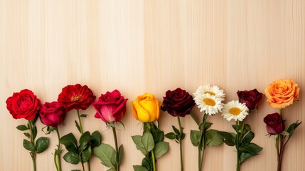 Obraz premium Assorted flowers including roses, daisies, and lavender beautifully spread on a light-colored background, photographed from above, on solid white background, single object