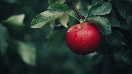 Single apple hanging from a branch, a close-up shot of ripe juicy red apple and green leaves