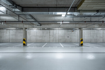 A well-lit underground parking garage with empty parking spaces, concrete columns, and visible overhead pipes, exuding an industrial atmosphere.