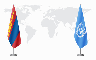 Mongolia and United Nations flags for official meeting against background of world map.