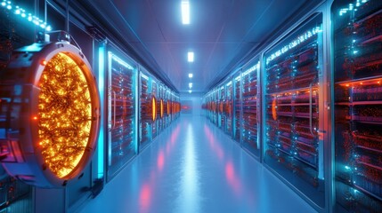 Fototapeta premium A massive vertical farm dedicated to producing insect-based feed for animals, illuminated by soft neon lights