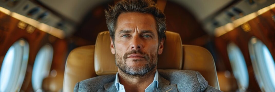 A confident man enjoys luxury travel aboard a private jet, surrounded by elegant interiors and natural light. Generative AI