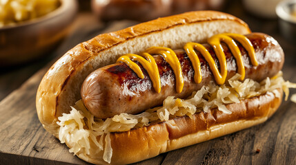 Juicy bratwurst sausages on a bun with sauerkraut, dripping with mustard, hearty and satisfying
