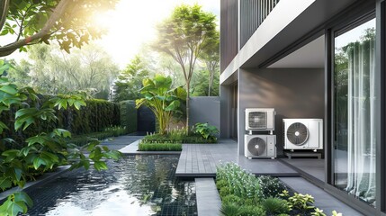 Modern house with outdoor pond and air conditioning units.