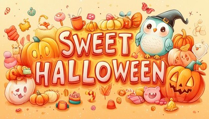 Fototapeta premium Festive Halloween Illustration with Candy, Pumpkins, and an Owl