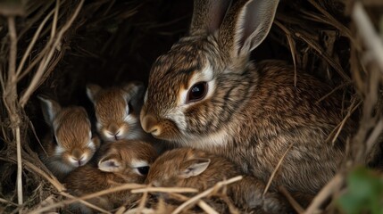 Fototapeta premium A Mother Rabbit with Her Adorable Baby Bunnies