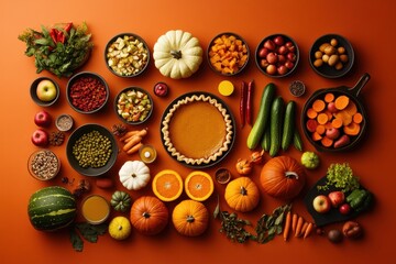 A vibrant arrangement of seasonal fruits, vegetables, and a pumpkin pie on an orange background.