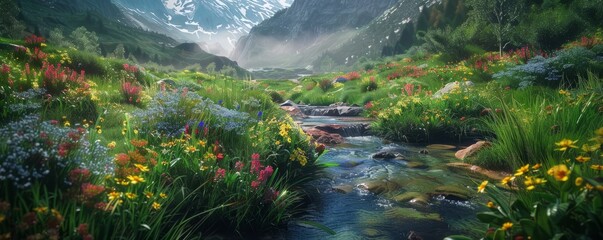 Lush valley with a stream and colorful wildflowers, 4K hyperrealistic photo,