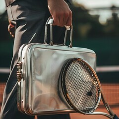 Silver briefcase and tennis racquet in hand