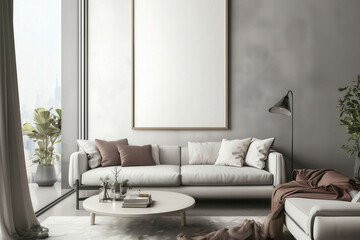 blank poster frame sitting on top of a sofa, contemporary style living room