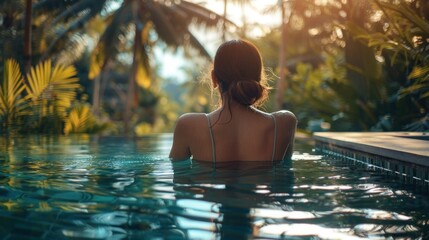 Woman relaxing in pool while gazing towards ocean