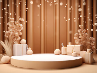 Brown backdrop with New year lights . Wood pedestal showcase