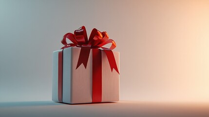 Holiday gift box with sale ribbon, white background, 3D Blender style, minimal and festive, space for text