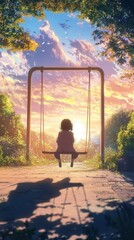 The character enjoys a peaceful moment on a swing as the sun sets, casting warm hues across the sky and surrounding nature