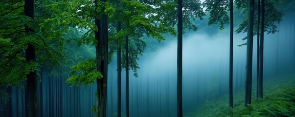 Fototapeta premium Morning mist rolling through a dense forest, foggy weather, mysterious ambiance