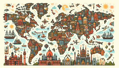 Naklejka premium Illustrated world map with landmarks and cultural icons, Generated Ai