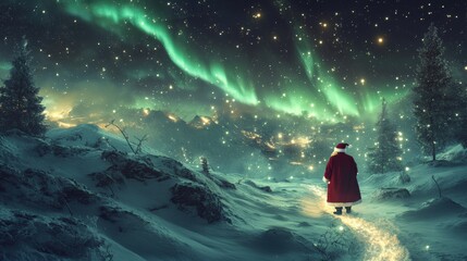 Obraz premium Santa Claus Walking Under Northern Lights in Winter Landscape