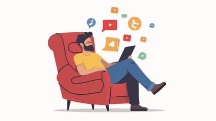 Young Man in Armchair Pushing Icon on Media Screen