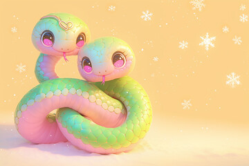 Fototapeta premium 2025 Two cartoon snakes are sitting next to each other on a yellow background. The snakes are green and pink, and they appear to be hugging each other. The image has a playful and friendly mood