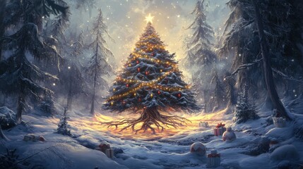 Santa Claus Decorating a Giant Christmas Ornament Under Starry Night Sky