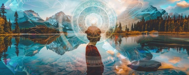 Spiritual awakening collage with chakras, mandalas, and serene landscapes, 4K hyperrealistic photo