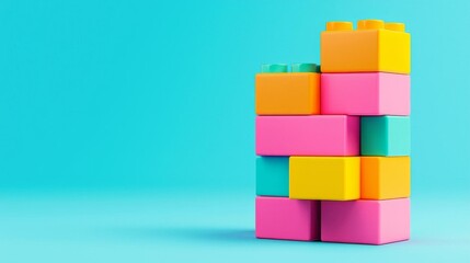 Minimalist composition of stacked toy bricks, representing creativity and play on a clean, blue background