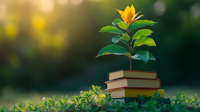 Sprouting Knowledge - Close-up of a young tree with vibrant books as leaves, symbolizing growth and education in soft daylight ambiance.