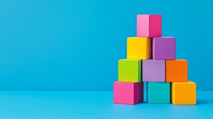 Obraz premium Vibrant stack of multicolored building blocks against a clean blue background, minimal design, playful energy