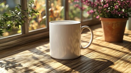 White mug on wooden windowsill with sunlight and green plants in the background.