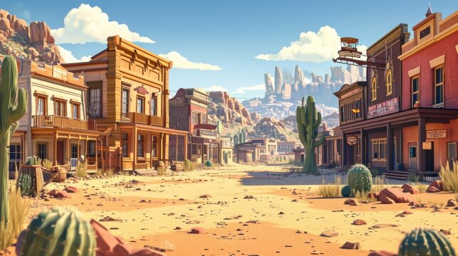 An old western town set against a stunning mountainous backdrop