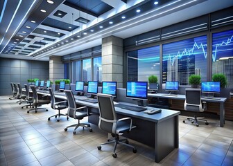 A sleek modern bank interior with a large LED screen displaying financial data and market trends, surrounded by