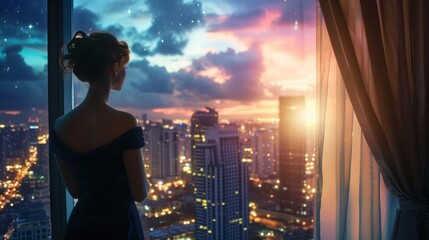 A woman gazes out of a window, admiring the vibrant city skyline at night