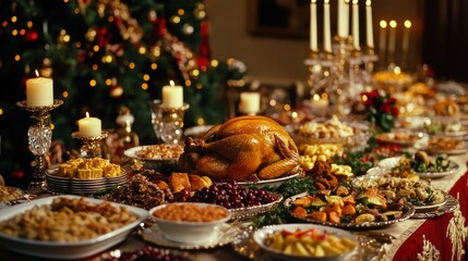 Grand Christmas Dinner with Roast Turkey in Luxurious Dining Room Decorated for the Holidays