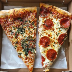 Delicious pizza slices with unique toppings and crusts.