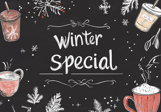 Winter Special Chalkboard with Warm Drinks Illustration