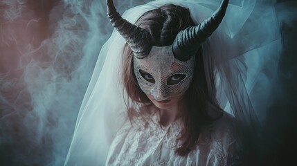 A bride wearing a haunting, horned mask and a veil, shrouded in fog, creating a dark, mysterious atmosphere with gothic undertones.