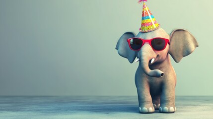 A small elephant wearing red sunglasses and a bright party hat stands against a minimalist background, exuding a playful and humorous vibe with its cute and quirky appearance.