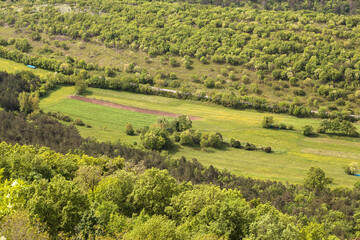 Overhead view of fields and trees in a meadow in Slovenia